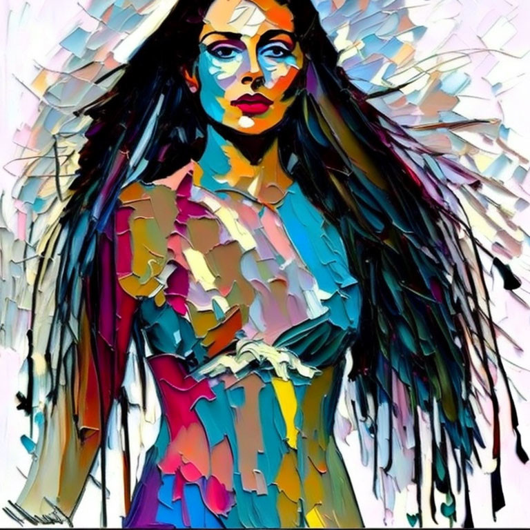 Abstract portrait of woman with flowing hair and vibrant, geometric background