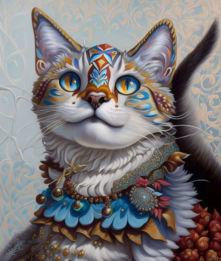 Detailed illustration of majestic cat with blue eyes, tribal facial markings, jeweled collar, and scarf