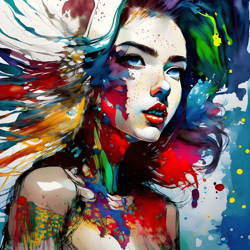 Vibrant artistic portrait with colorful paint splashes and abstract elements