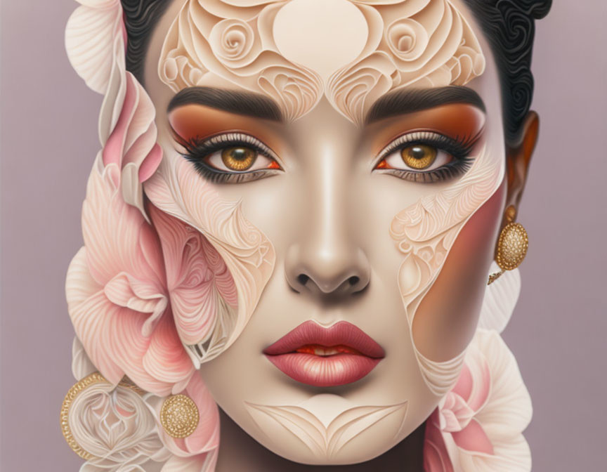 Digital art portrait of woman with floral face designs, amber eyes, red lips, gold earrings