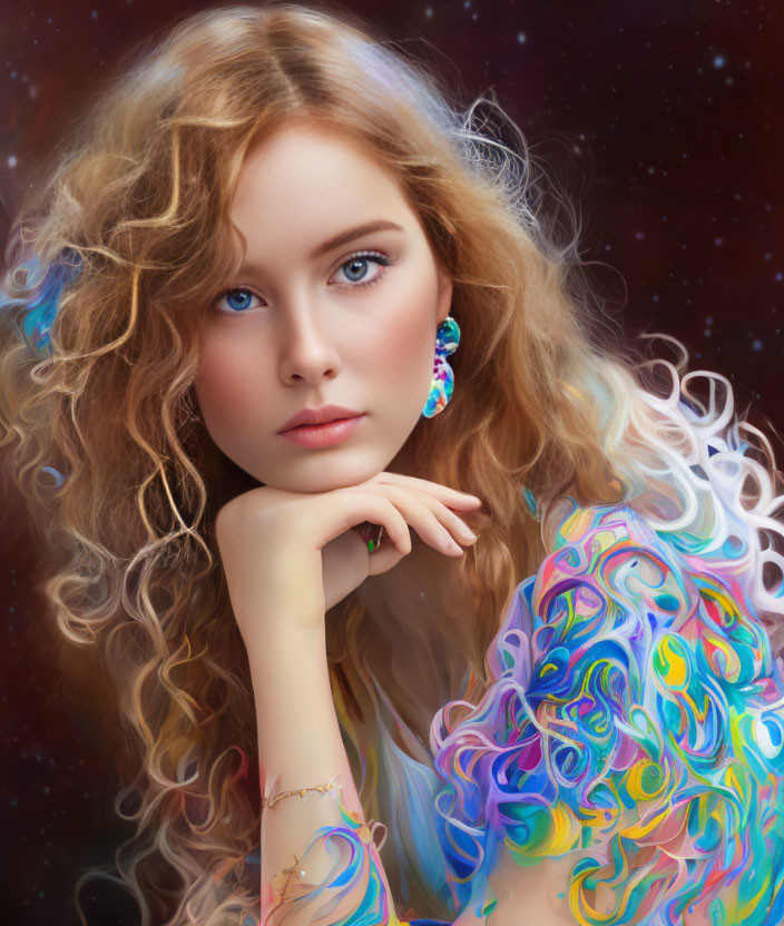 Young woman with curly hair and blue eyes in swirling patterns against starry backdrop