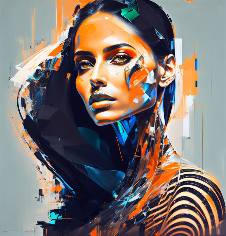 Abstract digital artwork of woman in orange, black, and blue hues