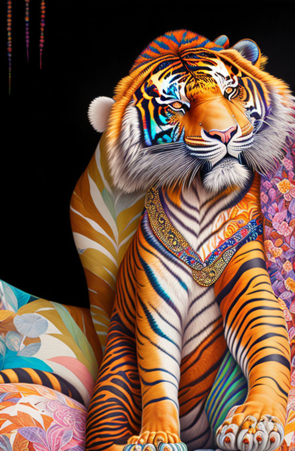 Colorful Tiger Portrait with Decorative Necklace on Black Background