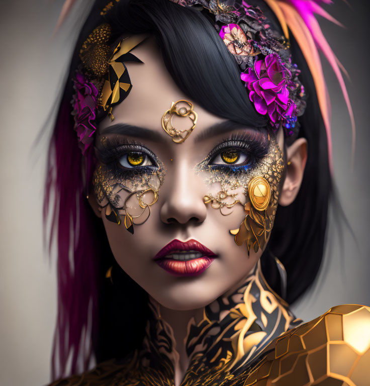 Digital art portrait: Woman with golden ornate makeup, pink hair highlights, and shoulder tattoos