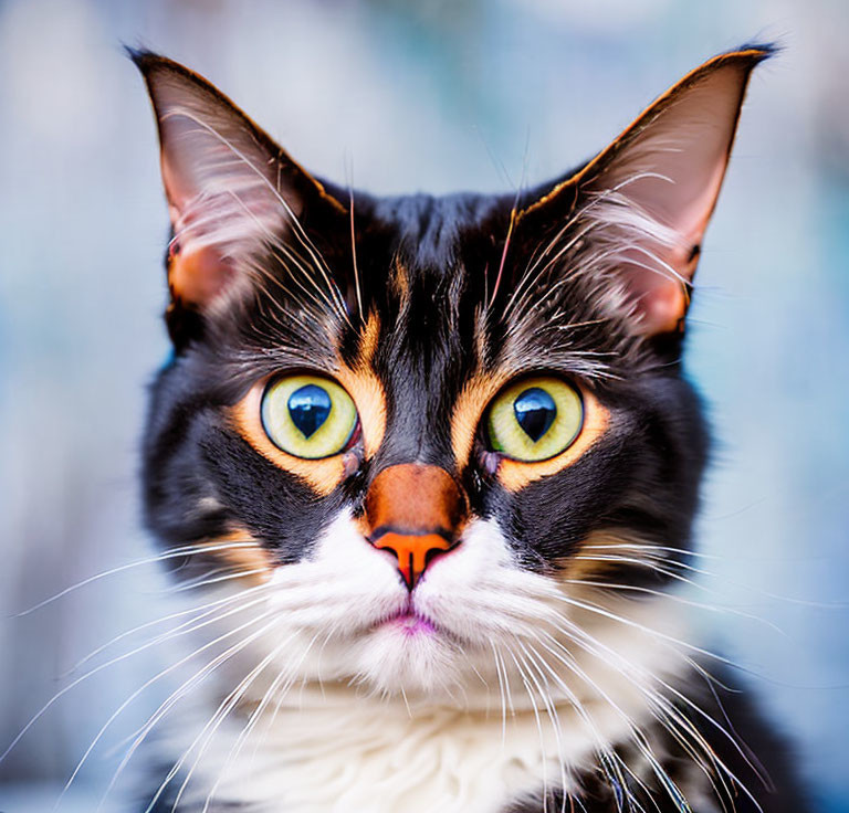 Striking amber-eyed black and white cat on blurred blue backdrop