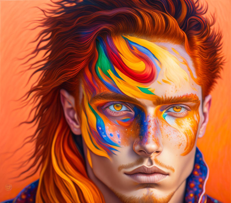 Colorful Portrait with Swirling Face Paint, Blue Eyes, and Red Hair on Orange Background