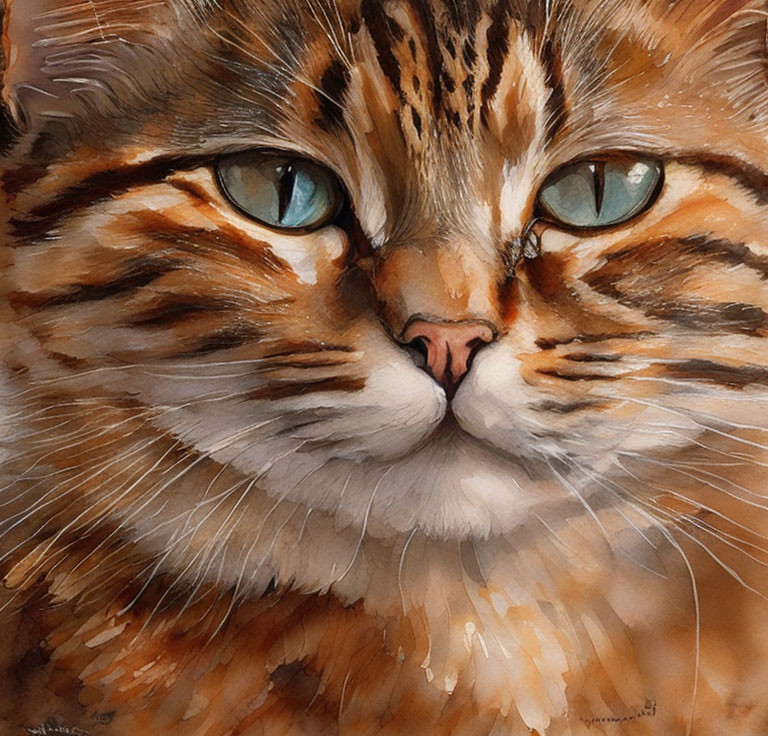 Detailed painting of an orange tabby cat with blue eyes