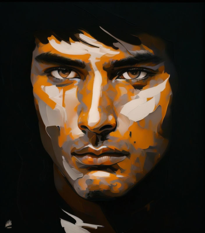 Stylized portrait of a man in orange, white, and black on dark background