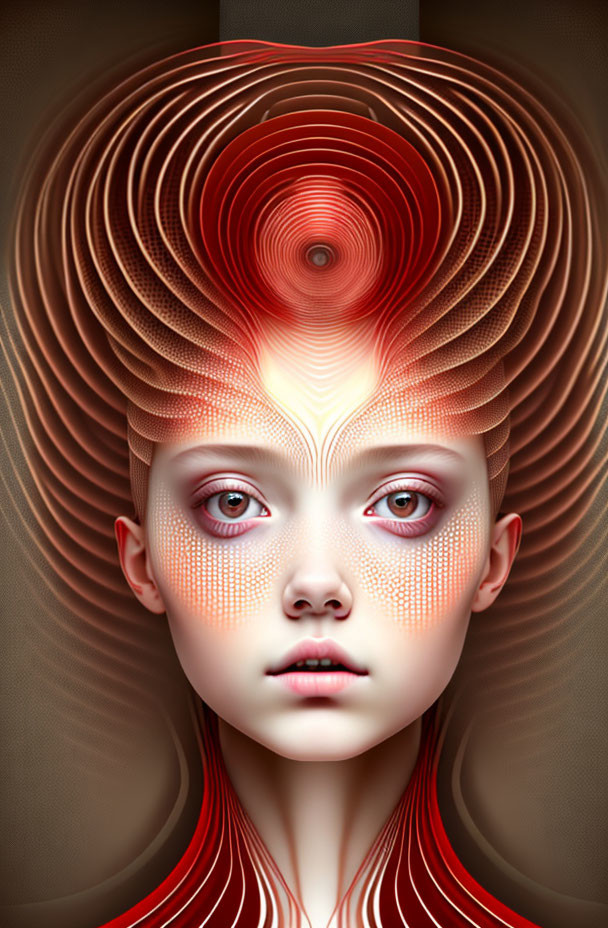 Unique Swirling Hair Design in Red and Brown with Surreal Patterns