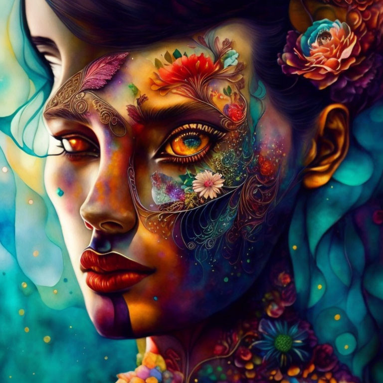 Colorful portrait of woman with floral designs on face