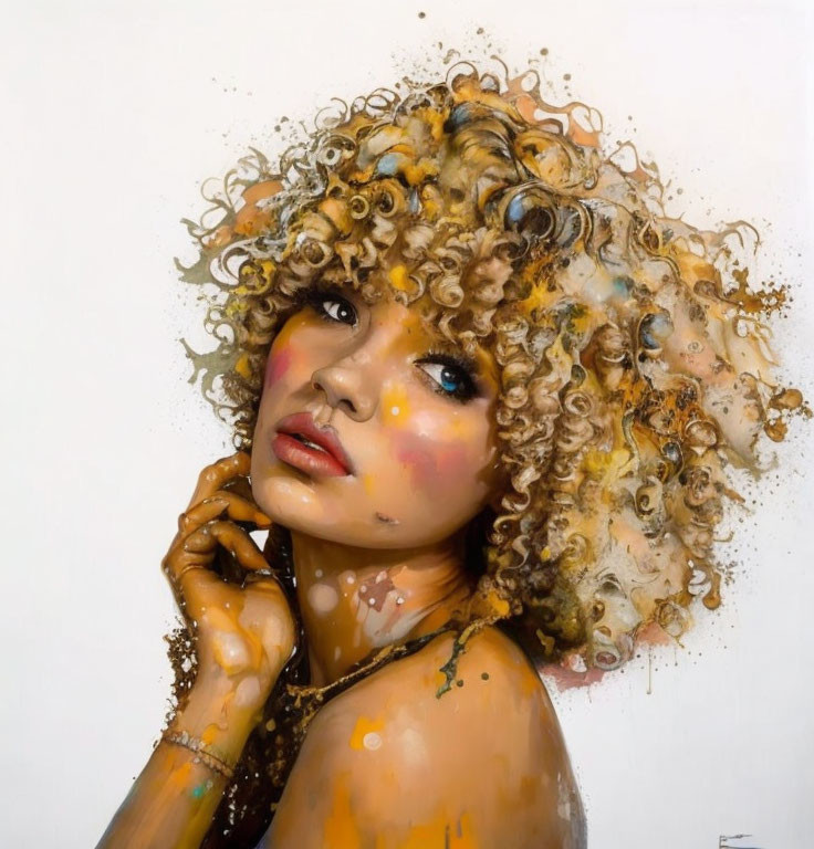 Blonde woman portrait with curly hair and blue eyes.