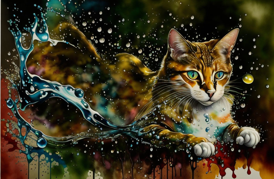 Vivid Blue-Eyed Cat Amidst Colorful Splashes on Dark Background