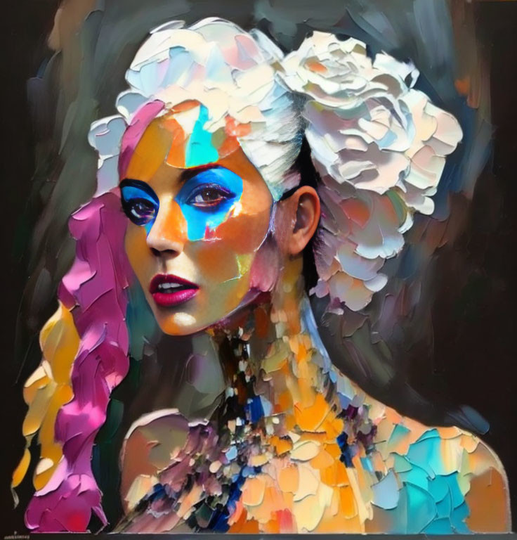 Colorful abstract portrait of a woman with paint strokes and floral hair accessory