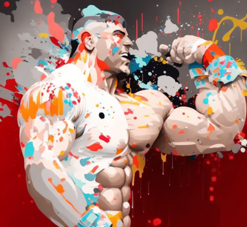 Muscular Man Flexing Arm Artwork with Vibrant Paint Splashes