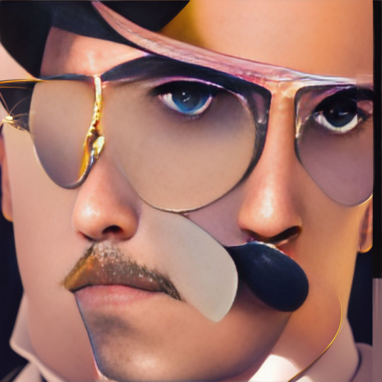 Detailed digital illustration: person with blue eyes, aviator glasses, handlebar mustache