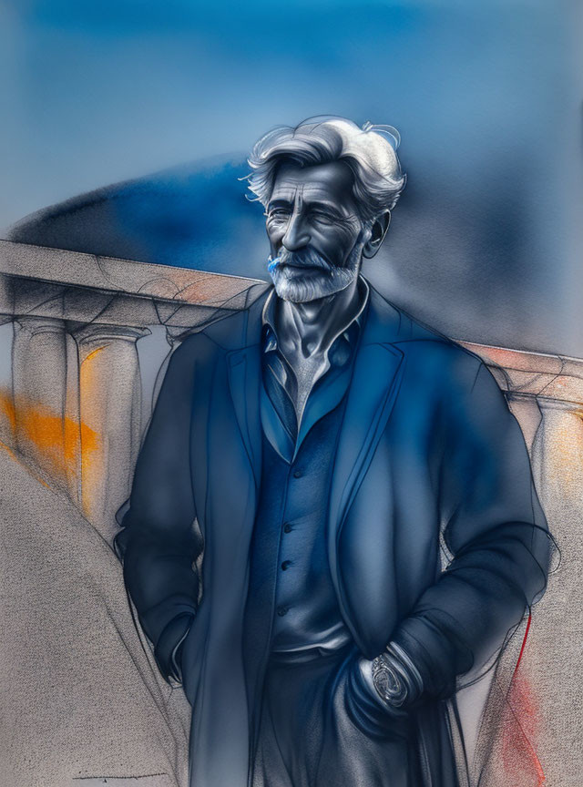 Silver-Haired Man in Blue Coat with Archway in Somber Color Palette