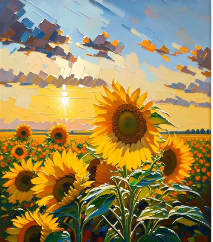 Sunflower painting with sunset sky and chunky texture