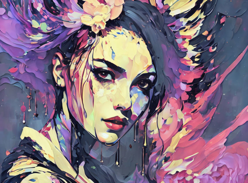 Colorful floral portrait of a woman with swirling paint strokes