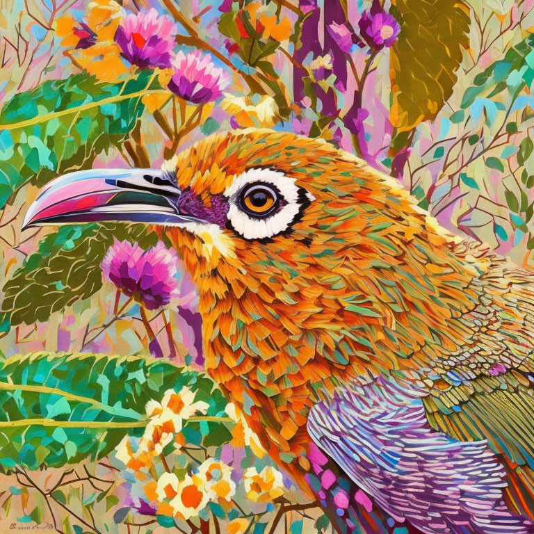 Colorful Bird Painting with Floral Background