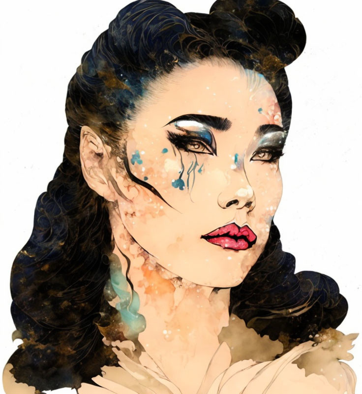 Vibrant digital portrait of a woman with stylized makeup and blue splashes