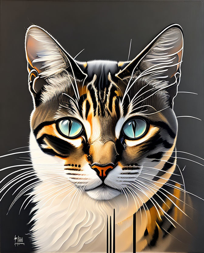 Hyper-realistic painting: Cat with blue eyes, detailed fur, whiskers on dark background