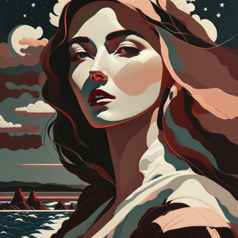 Illustration of contemplative woman with flowing hair against starry sky