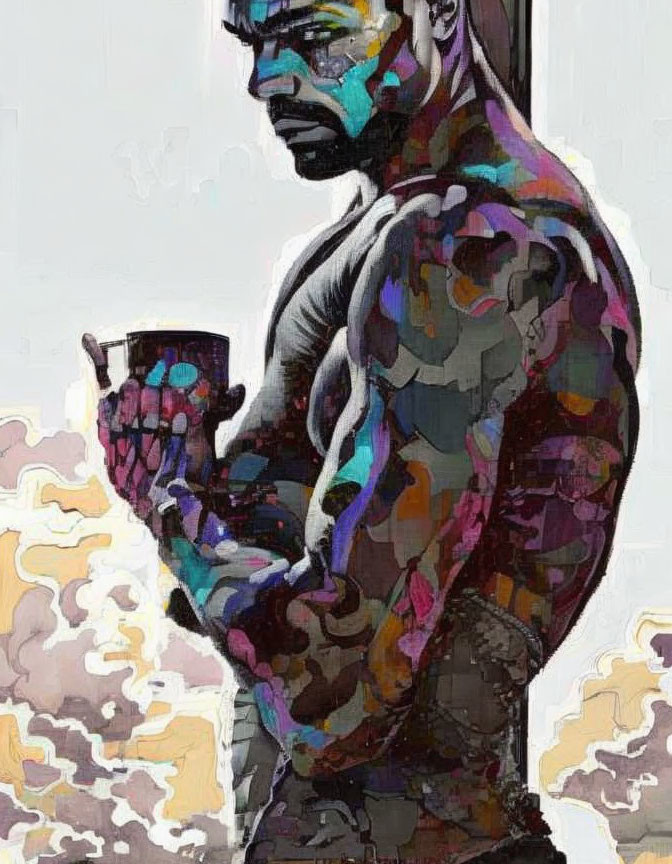 Vibrant painting of muscular man with intricate body art holding cup