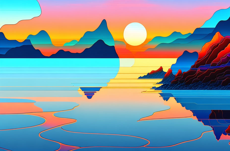 Colorful Digital Art: Layered Mountain Landscape at Sunset