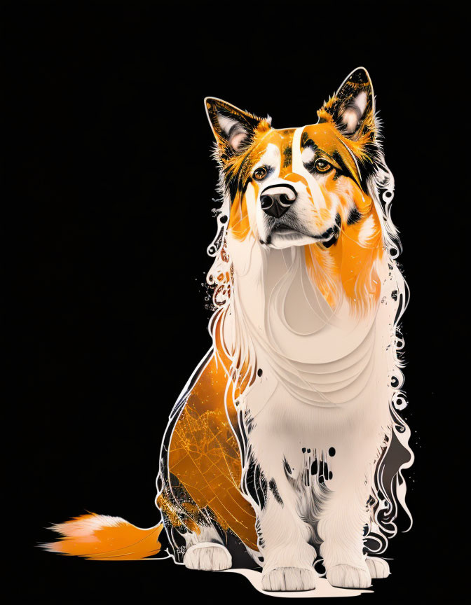 Orange and White Fur Dog Digital Illustration with Stylized Splashes