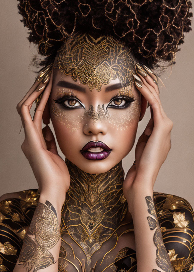 Woman with ornate golden headpiece and metallic tattoos poses with hands framing face