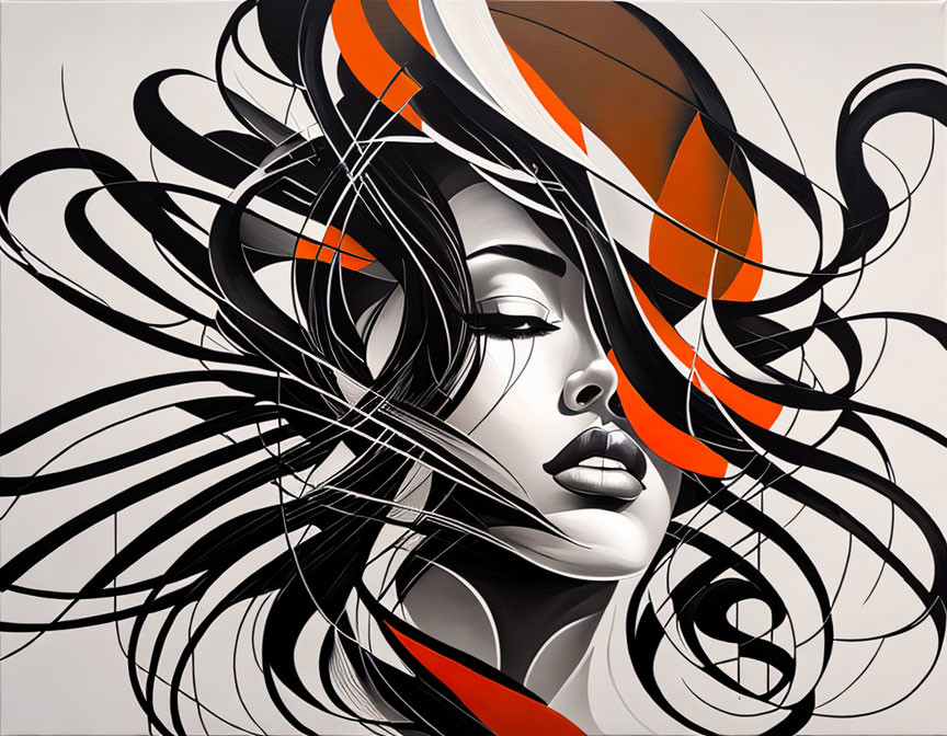 Stylized woman's face art with black and white hair and orange stripes