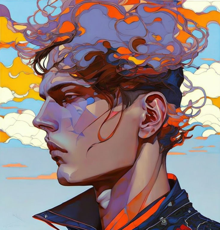 Stylized person with orange clouds in curly hair against blue sky