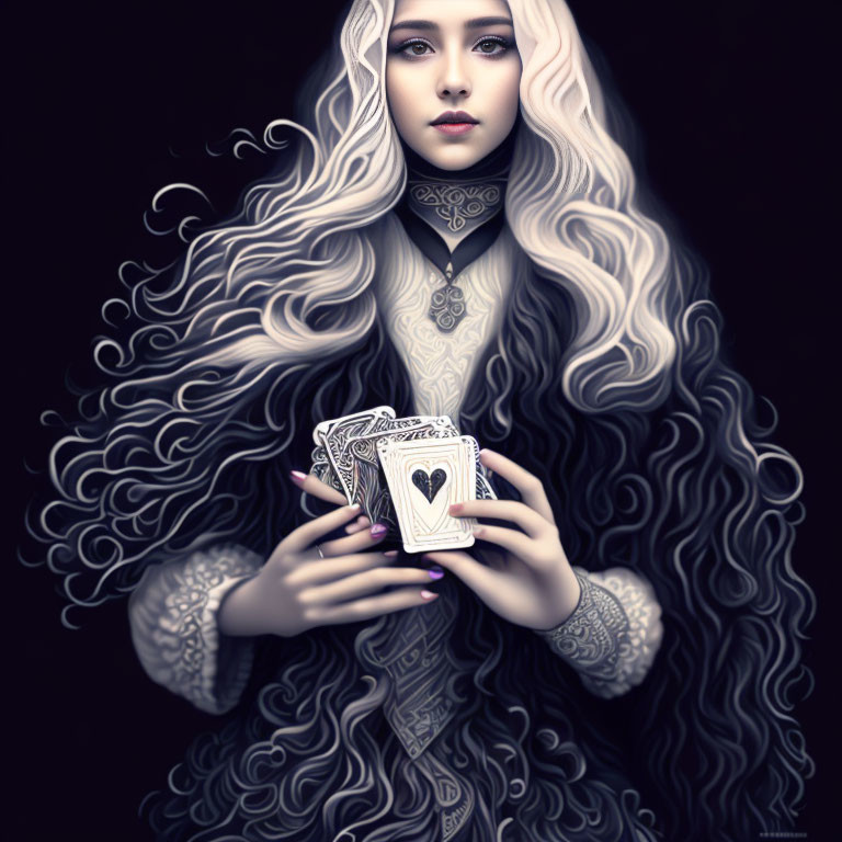 White-Haired Woman Holding Ornate Heart-themed Card Deck