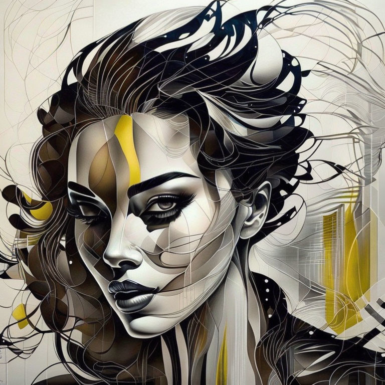 Monochromatic portrait with yellow highlights and intricate linework