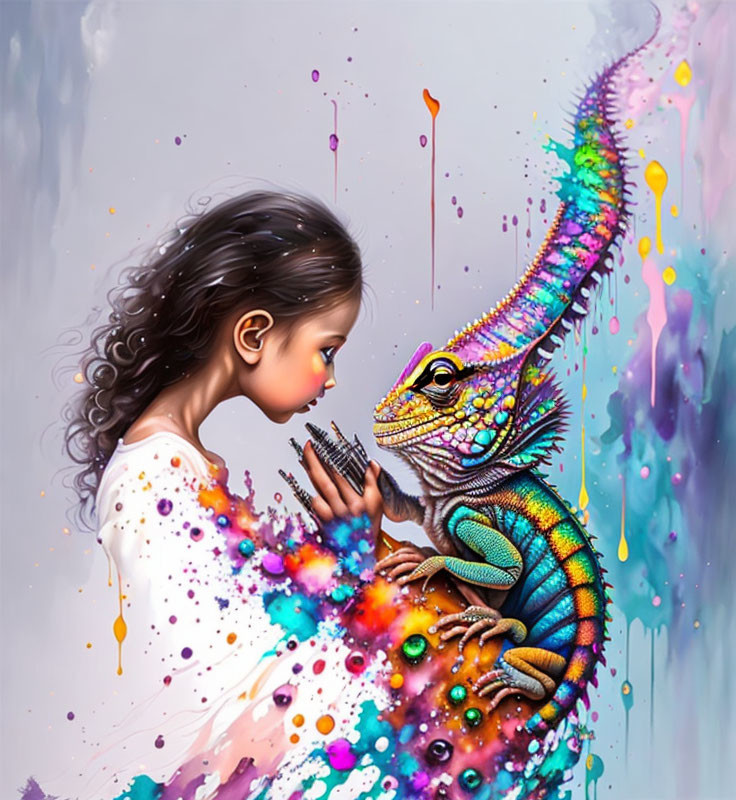 Young girl with wavy hair and vibrant chameleon in splattered paint background.