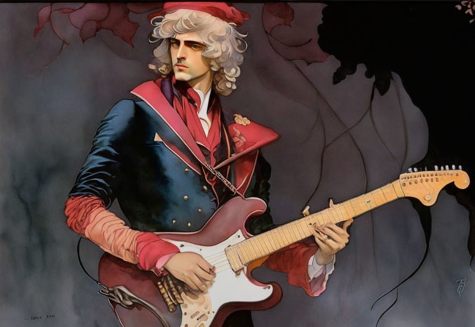 Illustrated character in red coat and wig plays electric guitar