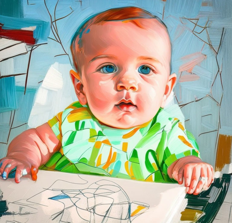 Baby with Blue Eyes in Green Shirt on Abstract Background