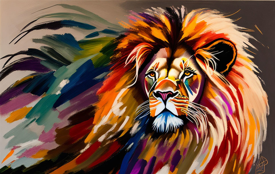 Colorful abstract lion painting on dark background