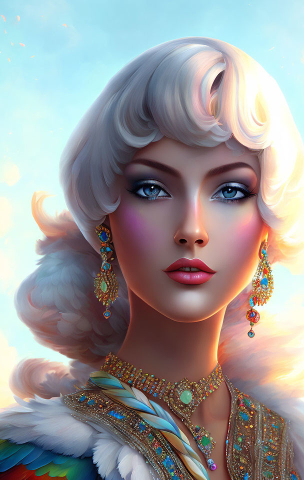 Digital artwork: Pale-skinned woman with blue eyes, platinum blonde hair, ornate gold attire