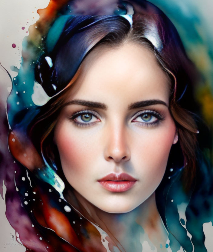 Colorful Watercolor Portrait with Realistic Woman's Face and Abstract Effects