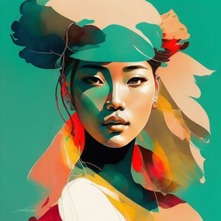 Colorful Abstract Headdress on Woman in Digital Portrait