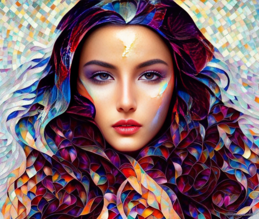 Colorful mosaic hair and painted face in vibrant artwork