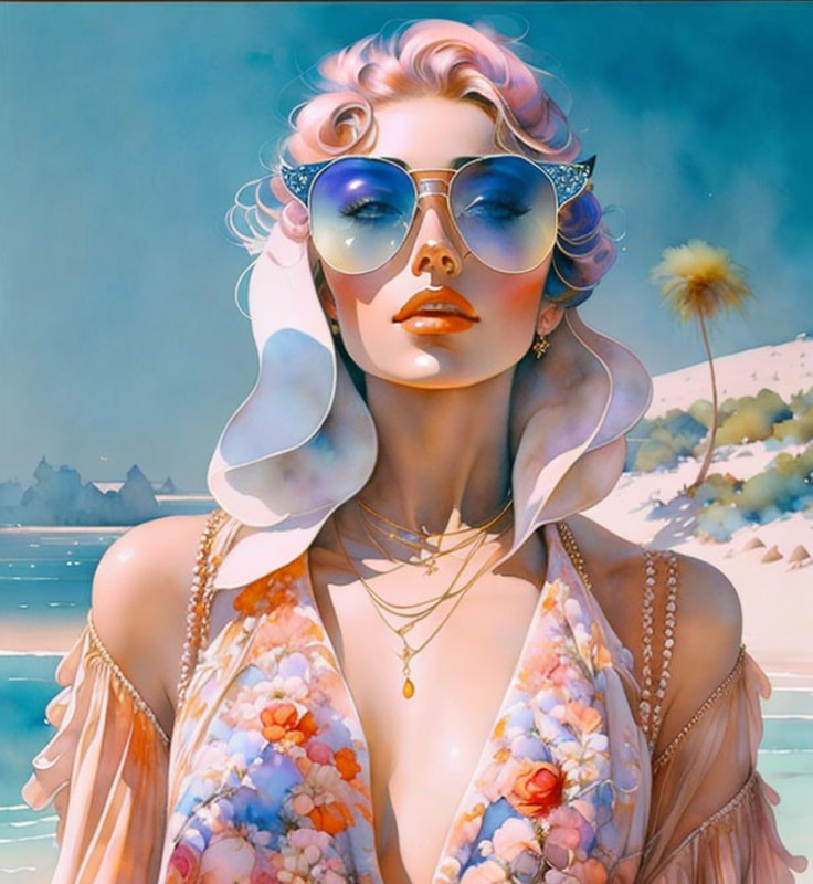 Stylized illustration of woman with wavy hair and sunglasses on beach.