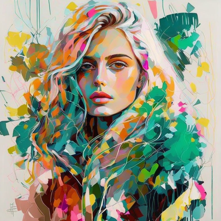 Vibrant abstract portrait of a woman with flowing hair and striking gaze