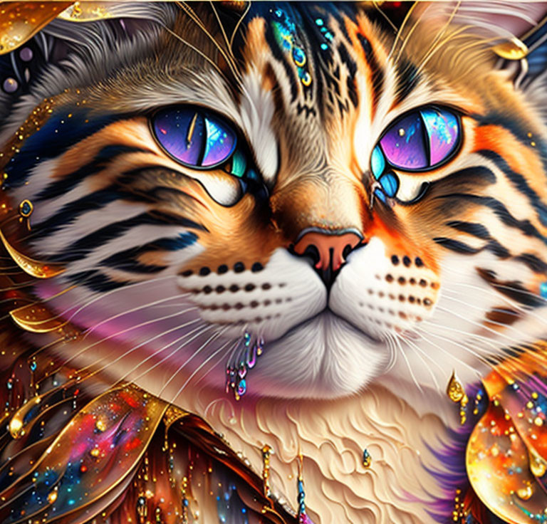 Fantastical Cat with Vibrant Colors and Luminous Blue Eyes