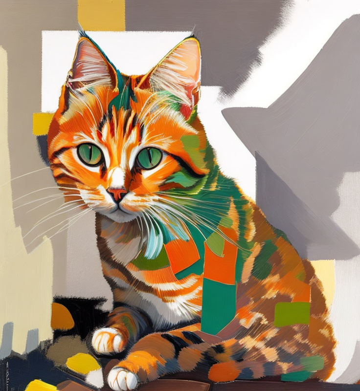 Digital painting of orange tabby cat with green eyes and abstract geometric backdrop