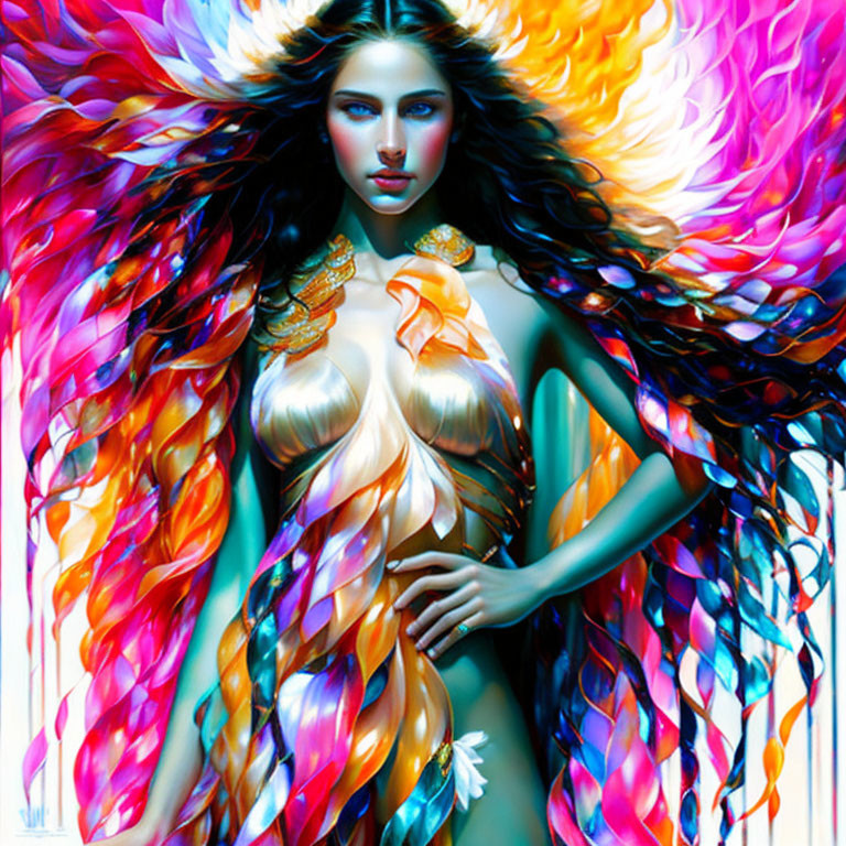 Colorful digital artwork of a woman with flowing multicolored wings or hair