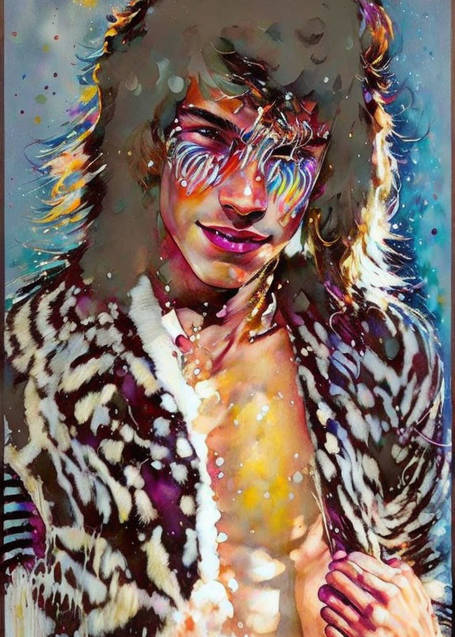 Vibrant painting of person in fur coat with painted face