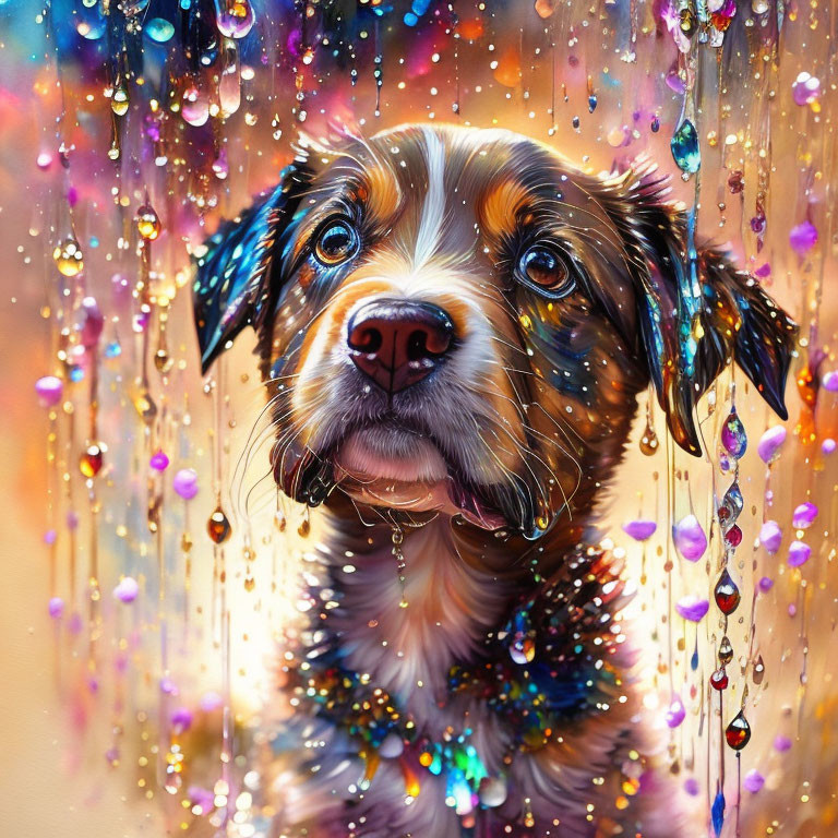 Colorful Dog Portrait with Water Beads and Light Reflections