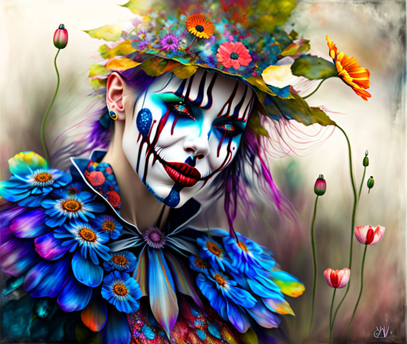 Vibrant floral hat, skull face paint, and flower-adorned cloak portrait.